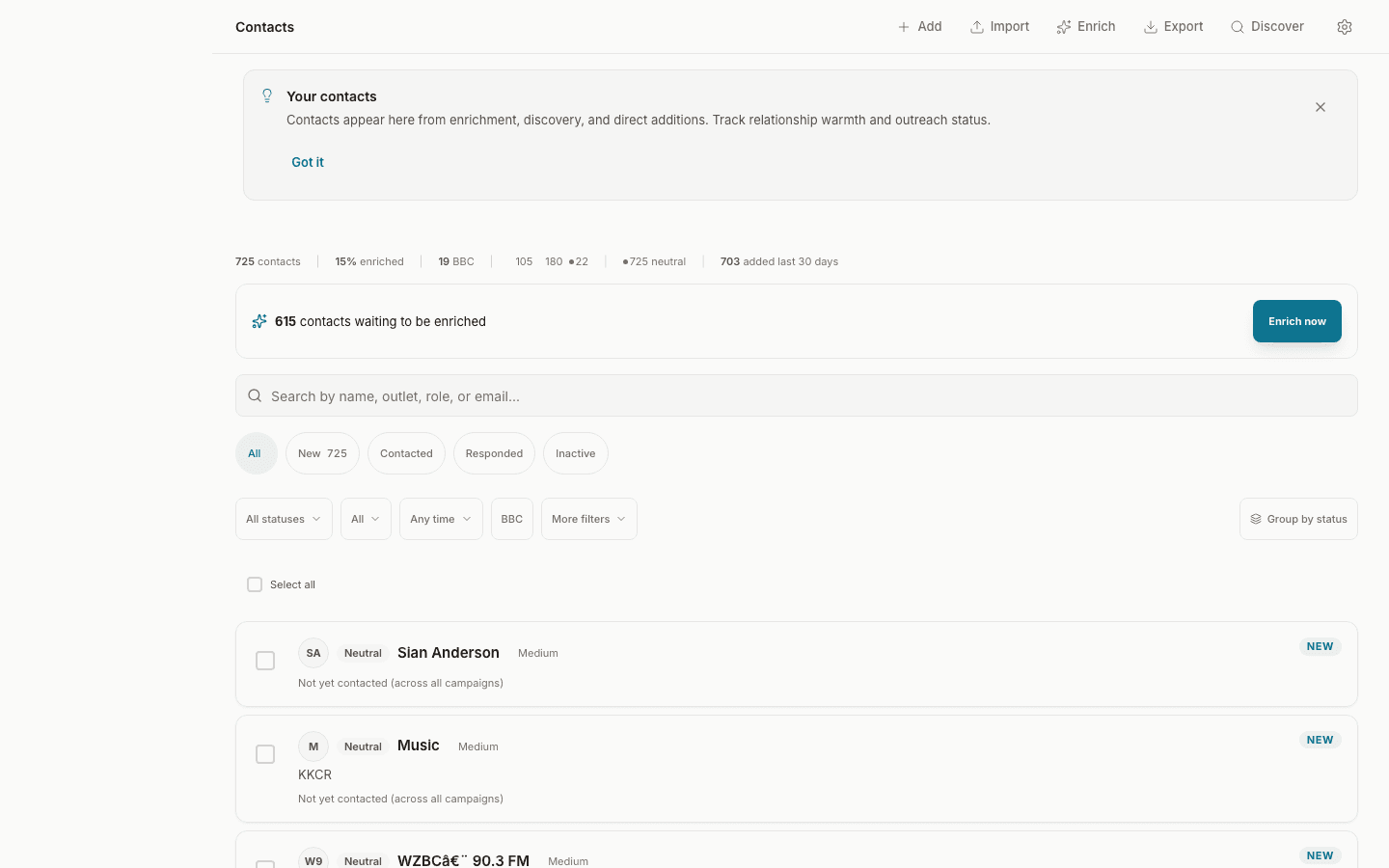 TAP contacts view showing 725 contacts with enrichment stats, filters, and warmth indicators