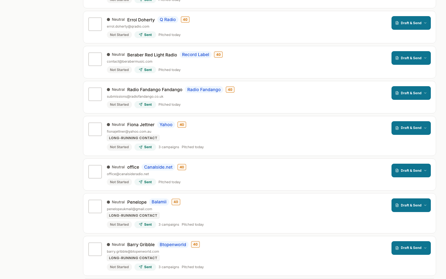 TAP outreach view showing personalised draft and send workflow for radio contacts