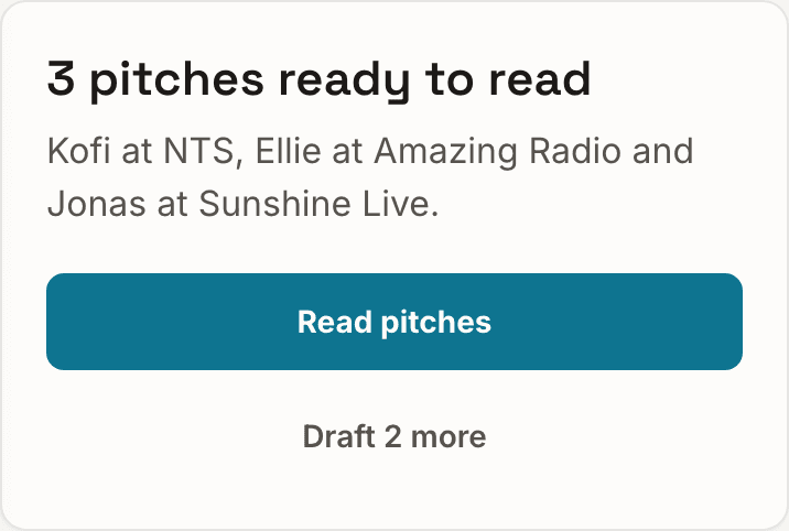 Three pitches ready to read in TAP’s Send step, sent from your own Gmail