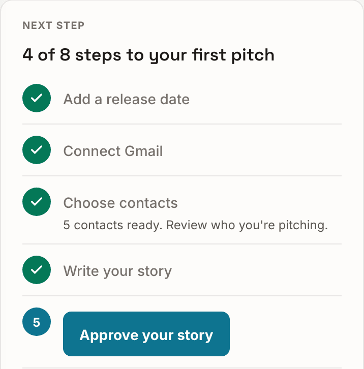 TAP’s release checklist, on step 5 of 8: approve your story