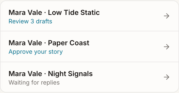 TAP’s Next up list, showing where three releases stand right now